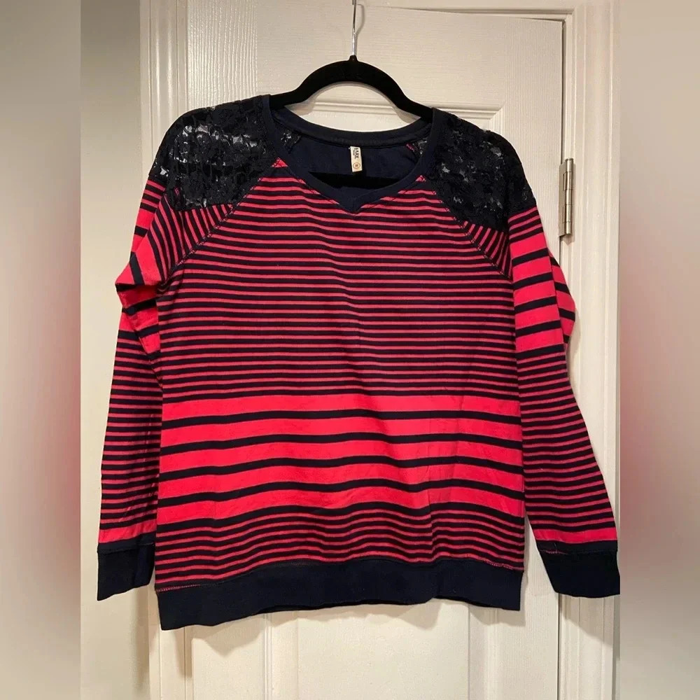 Bare Denim Crew Neck Lace Shoulder Pink Navy Stripe Long Sleeve Shirt Size M
